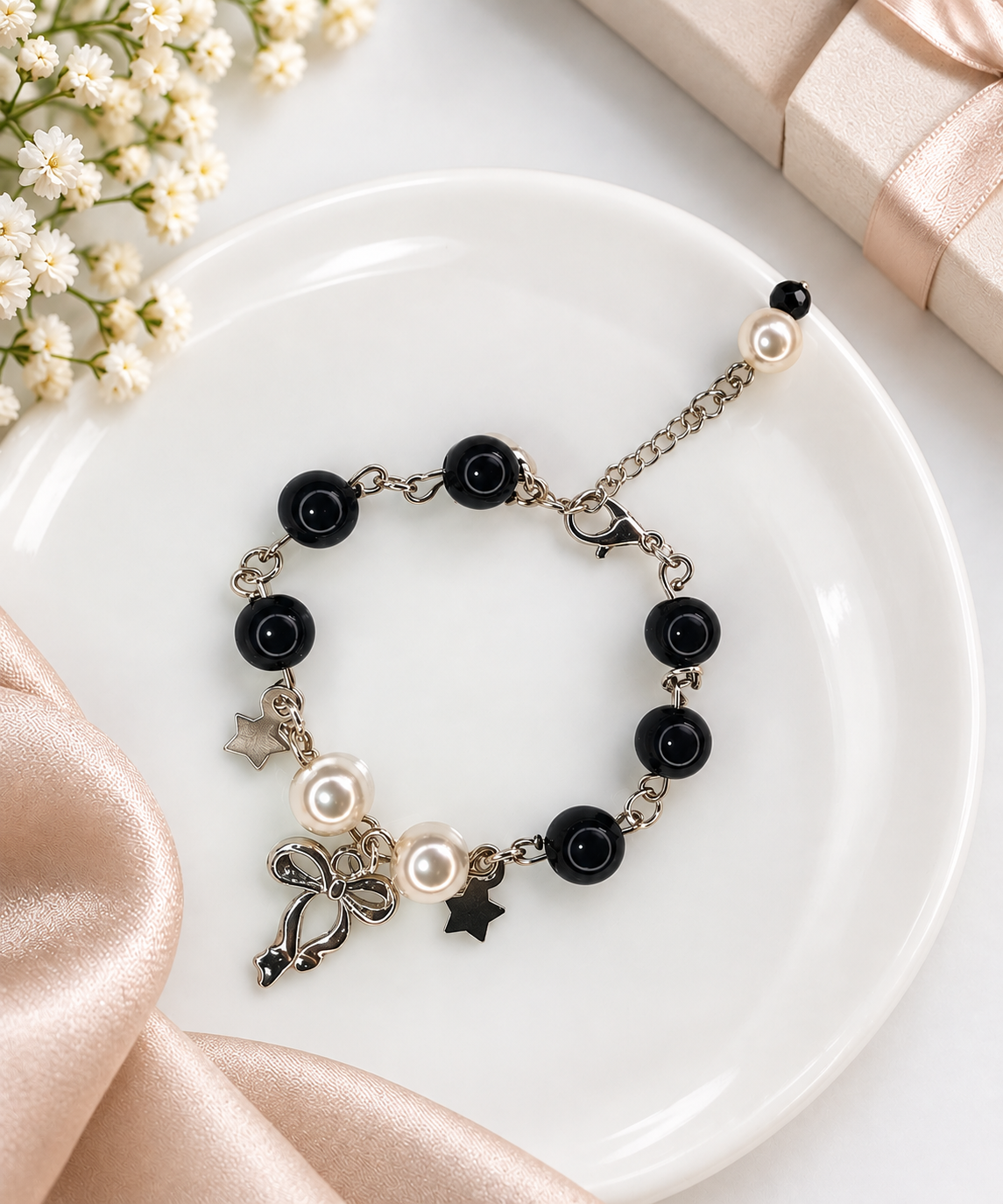Black Pearl Charm Bracelet – Elegant Butterfly & Star Design