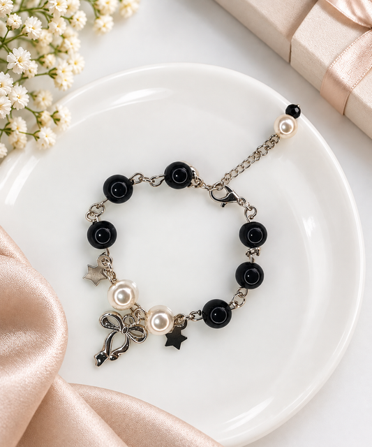Black Pearl Charm Bracelet – Elegant Butterfly & Star Design